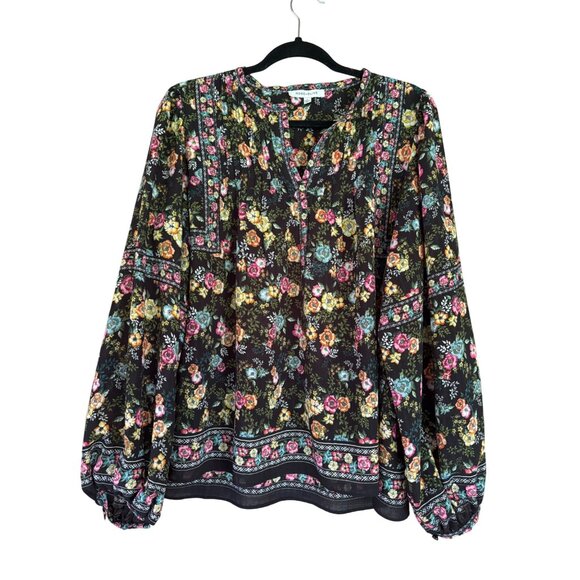 Rose+Olive Womens Floral Print Balloon Sleeve Boho Blouse Top Black Multicolor - Picture 1 of 13